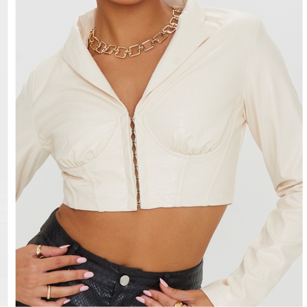 CREAM FAUX LEATHER CROC CUP DETAIL CORSET CROPPED BLAZER